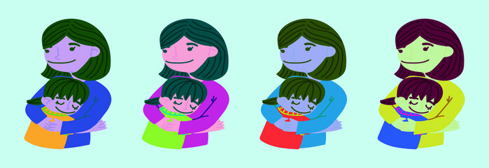 set of mother holding baby son in arms cartoon icon design template with various models. vector illustration
