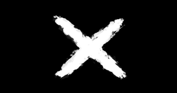 Abstract white cross drawn with brush strokes on black background. 2D animation of letter X from intersected lines. Negative sign with jitter mud effect. Creative element for motion graphics design.