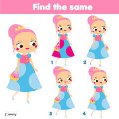 children educational game. Find the same pictures. Find two resemle girls. fun for kids and toddlers