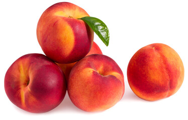 peach fruits with green leaf isolated on white background. full depth of field