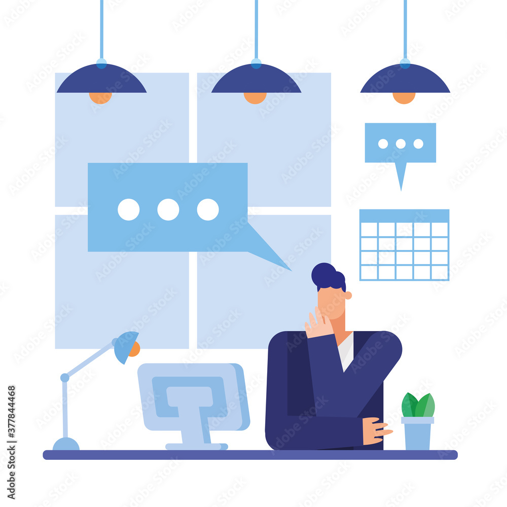 Poster man at desk with computer and bubble in the office vector design