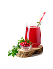Lingonberries and a glass with lingonberry juice isolated on white background