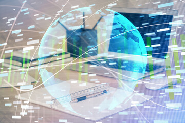 Multi exposure of business theme icons and table with computer background. Concept of success.