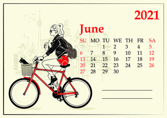 June. 2021 Calendar with fashion girl in sketch style.