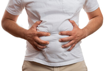 Close-up of male holding indigestion stomach as abdominal pain