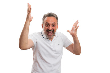 Naklejka premium Surprised adult male making gesture and expression with copyspace
