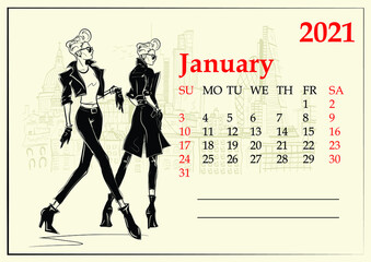 January. 2021 Calendar with fashion girl in sketch style.