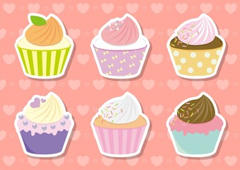 6 kinds of colorful cup cakes isolated on love background
