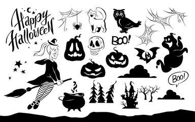 Collection of Halloween characters and decor elements, icons and black silhouettes isolated on white background. Flat cartoon style. Cute witch on broomstick, pumpkin head, tress, castle, ghost etc.