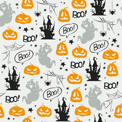 Seamless Halloween pattern with castle, pumpkin heads, ghost silhouettes, stars, isolated on  white background. Vector flat illustration.