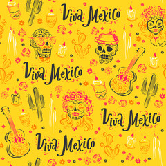 Vector seamless pattern with traditional decor elements cactus, guitar, candle, male and female scull characters, Viva Mexico lettering, flowers isolated. Hand drawn vintage illustration.