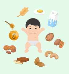 Itchy and allergic foods for baby boys, boys, wheat, eggs, milk, nuts, walnuts, walnuts, cashews, almonds, dried beans, peanuts, honey, set