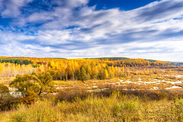 Picturesque autumn landscape in golden and blue colors. View from hill to lowland with wood and swamps. Beautiful natural background, beauty of nature, autumn is coming, season changing concept