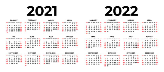 Calendar for 2021 and 2022 on white background