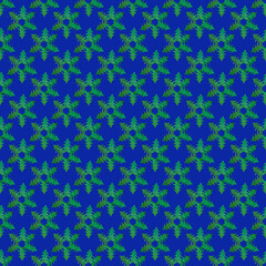 Christmas festive background. Creative seamless pattern of green snowflakes made of small Christmas trees cut out of holographic paper on bright blue background. Square photo.