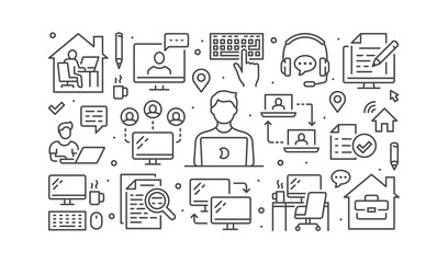 Work from home concept with line icons. Vector horizontal illustration included icon as freelance worker with laptop, workplace, pc monitor, business man outline pictogram for remote job brochure