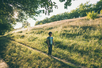 A boy with a backpack walks in the meadow