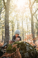 Obraz premium Little girl in an autumn forest among ferns