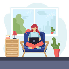 A girl in a chair with a laptop, working from home. Concept -education, freelance work or business remotely. Vector illustration in flat style.