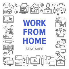 Work from home poster frame with line icons. Vector illustration included icon as freelance worker with laptop, workplace, pc monitor, business man outline pictogram for remote job flyer or brochure