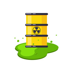 Barrel with radioactive waste in flat design. Acid puddle. Ecological catastrophy. Vector stock illustration