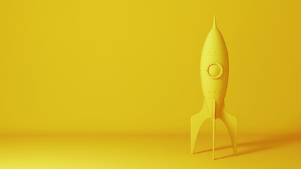 Rocket on yellow background, 3D rendering illustration