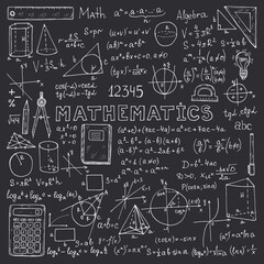 Set with hand drawn mathematics formules and other elemets. Science collection. Vector doolle illustration