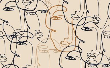 Continuous line drawing of faces. Modern fashionable pattern. Minimalist abstract aesthetic style.