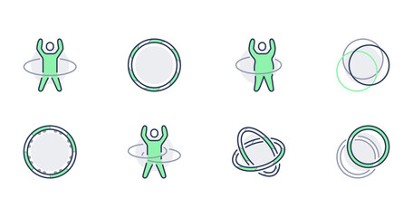 Hula hoop line icons. Vector illustration included icon as happy child with hulahoop, fat man exercise outline pictogram for gym. Green color, Editable Stroke © Phoenix Icons