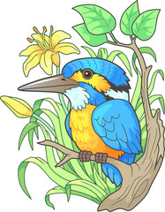 cartoon cute kingfisher bird, funny design illustration