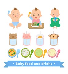 Little boy baby eating noodles, drinking water, noisy, happy, green jumpsuit, baby food supplies set