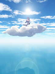 3D surreal landscape with female in yoga position in cloud
