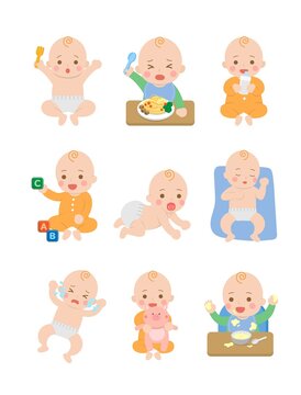 Cute happy baby and his daily set of cute cartoon babies and baby illustrations, baby diapers, crawling babies, eating baby noodles