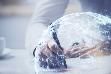 Man's hands working with notes background. Social networking concept.