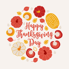 Autumn greeting card with pepper, pumpkin, seeds, leaves