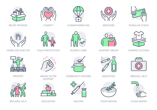 Charity, social worker line icons. Vector illustration included icon as donate food, humanitarian aid, pantry, homeless shelter outline pictogram for volunteer. Green, red color, Editable Stroke