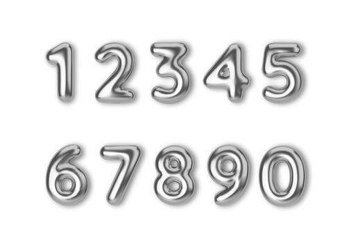 Realistic 3d font color silver numbers. Number in the form of metal balloons. 