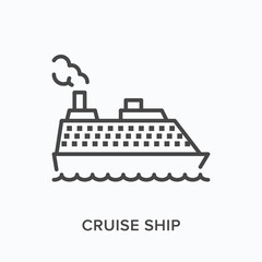 Cruise ship flat line icon. Vector outline illustration of passenger liner, sea tanker. Transatlantic journey thin linear pictogram