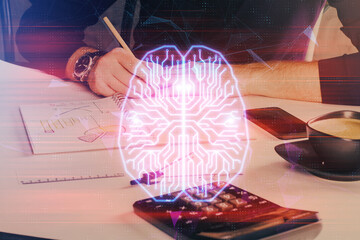 Haman brain multi exposure icon with man hands background.