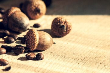 several acorns and grains of coffee lie on a wooden background. space for text