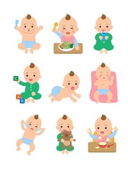 Cute happy baby and his daily set of cute cartoon babies and baby illustrations, baby diapers, crawling babies, eating baby noodles