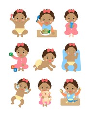 Cute happy baby and his daily set of cute cartoon babies and baby illustrations, baby diapers, crawling babies, eating baby noodles