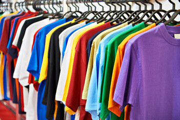 Colored t-shirts on hanger in store