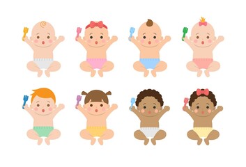 Cute happy babies and their daily set of cute cartoon babies and baby illustrations, babies eat with a fork