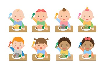 Cute crying babies and their daily illustration set, baby eating baby noodles with fork