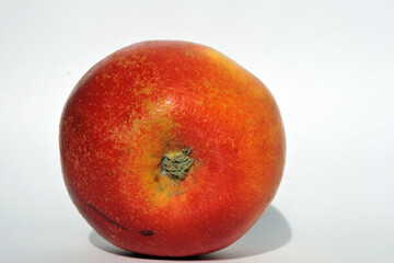 A bottom of a red and yellow apple, white background