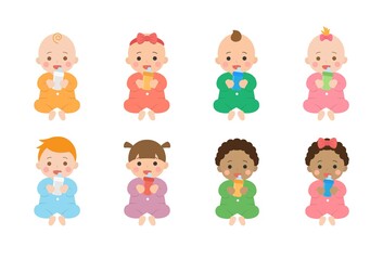 Set of cute happy babies and their daily illustrations, babies drink milk