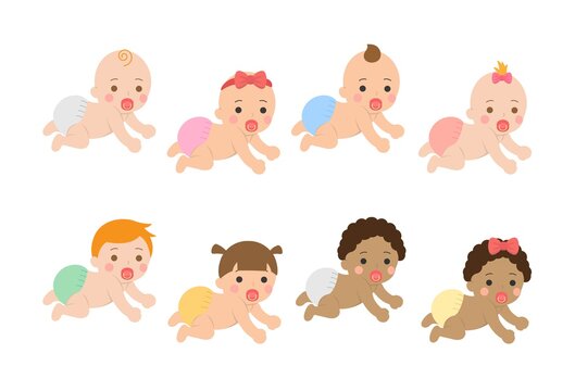 Cute happy babies and their daily illustration set, baby crawling