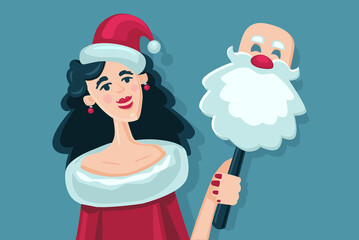 Woman with Santa Claus mask. Girl with a bag of gifts. Christmas party. Cartoon style illustration