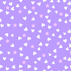 Pink stars and white hearts on a lilac background. Delicate shades. Seamless vector illustration.